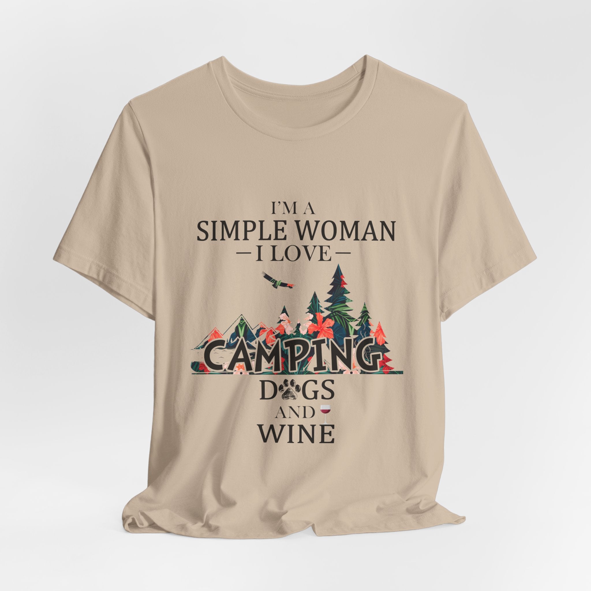 Simple Woman Loves Camping Dogs Wine T-Shirt | Woman Camper Gift
