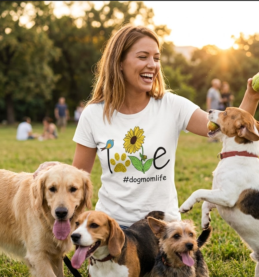 Sunflower Paw Print 'I Love Dog Mom Life' T-Shirt | Dog Mom Gift